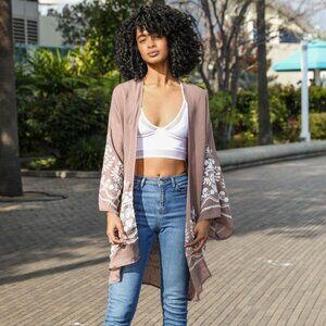 Mocha Floral Embroidered Kimono